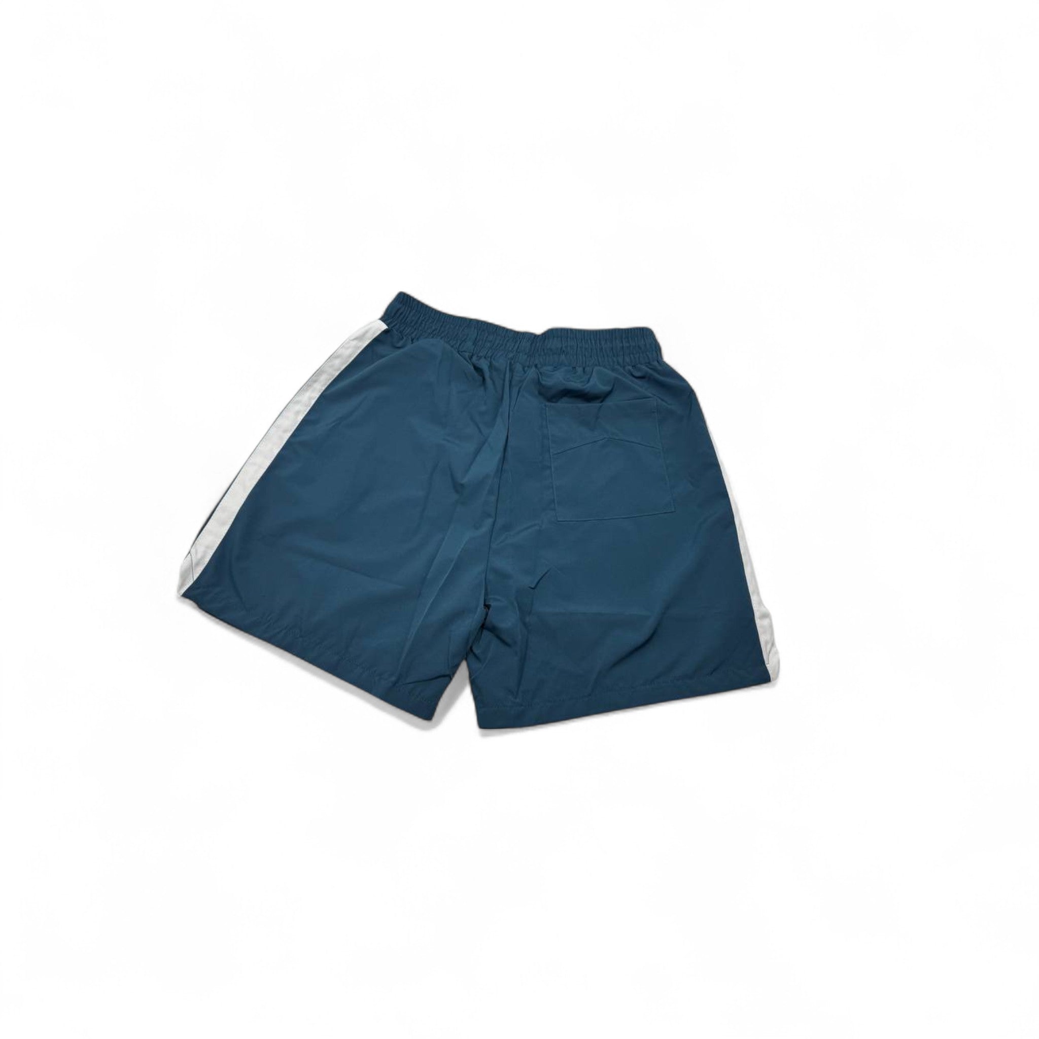 🩵 RHUDE Logo Swim Shorts – Blue with Yellow Drawstring & White Side Stripes