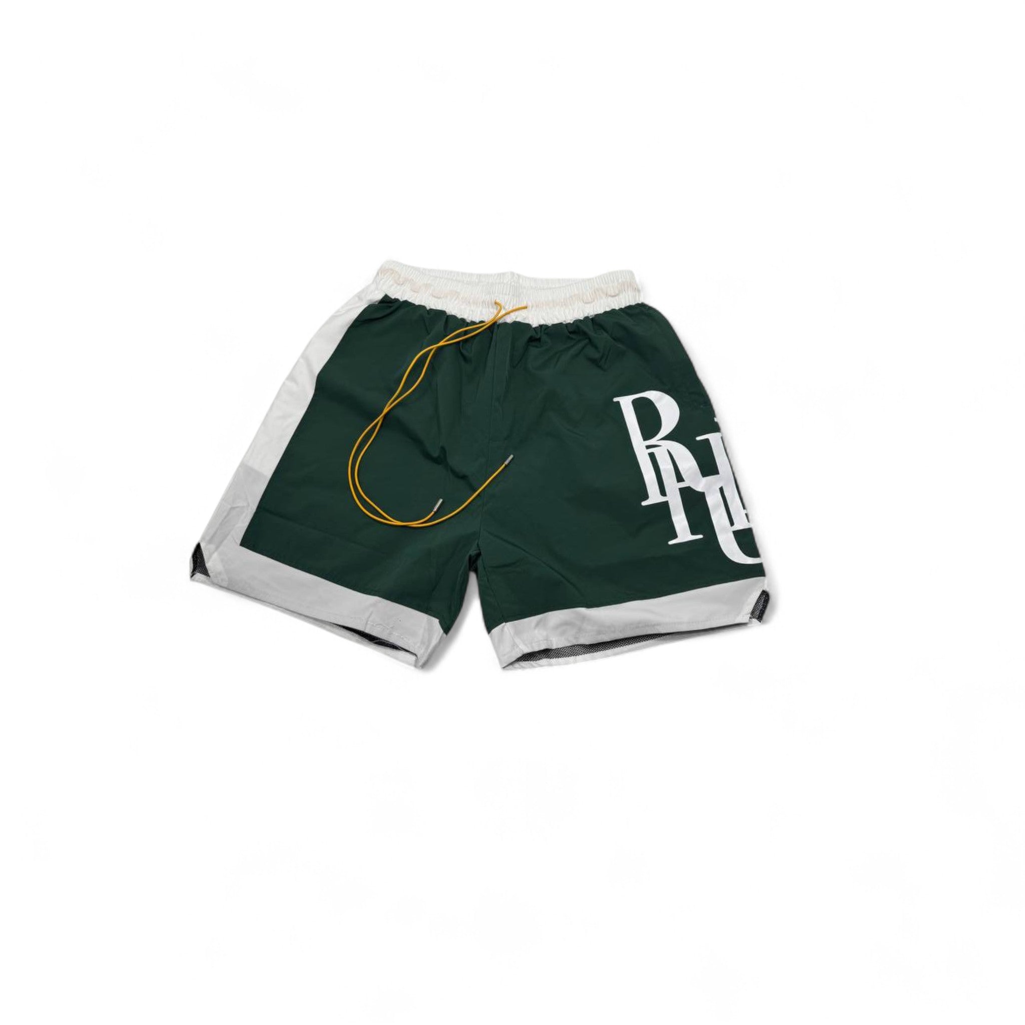 🌿 RHUDE Monogram Swim Shorts – Green & White with Yellow Drawstring