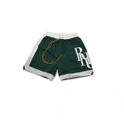 🌿 RHUDE Monogram Swim Shorts – Green & White with Yellow Drawstring