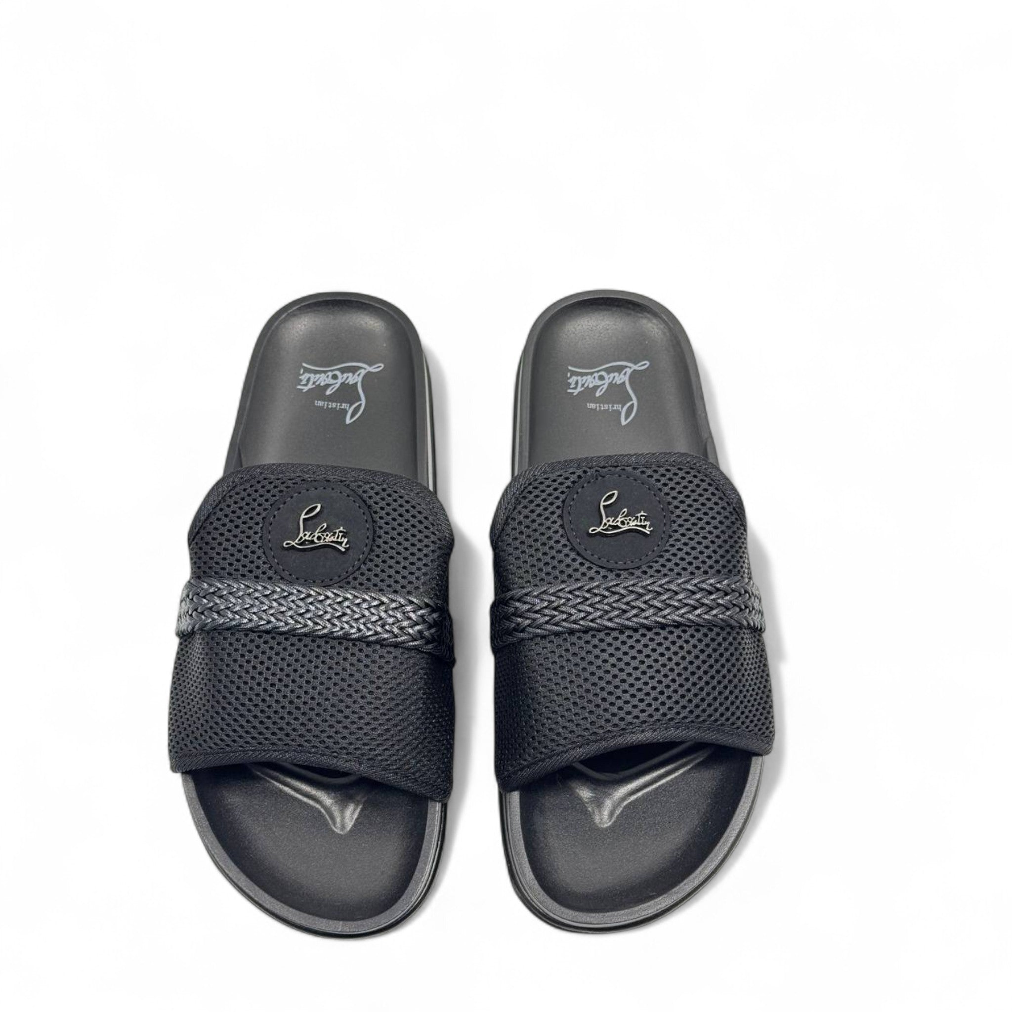 Christian Louboutin Black Mesh Slides 👣 – Luxury Comfort with Signature Style