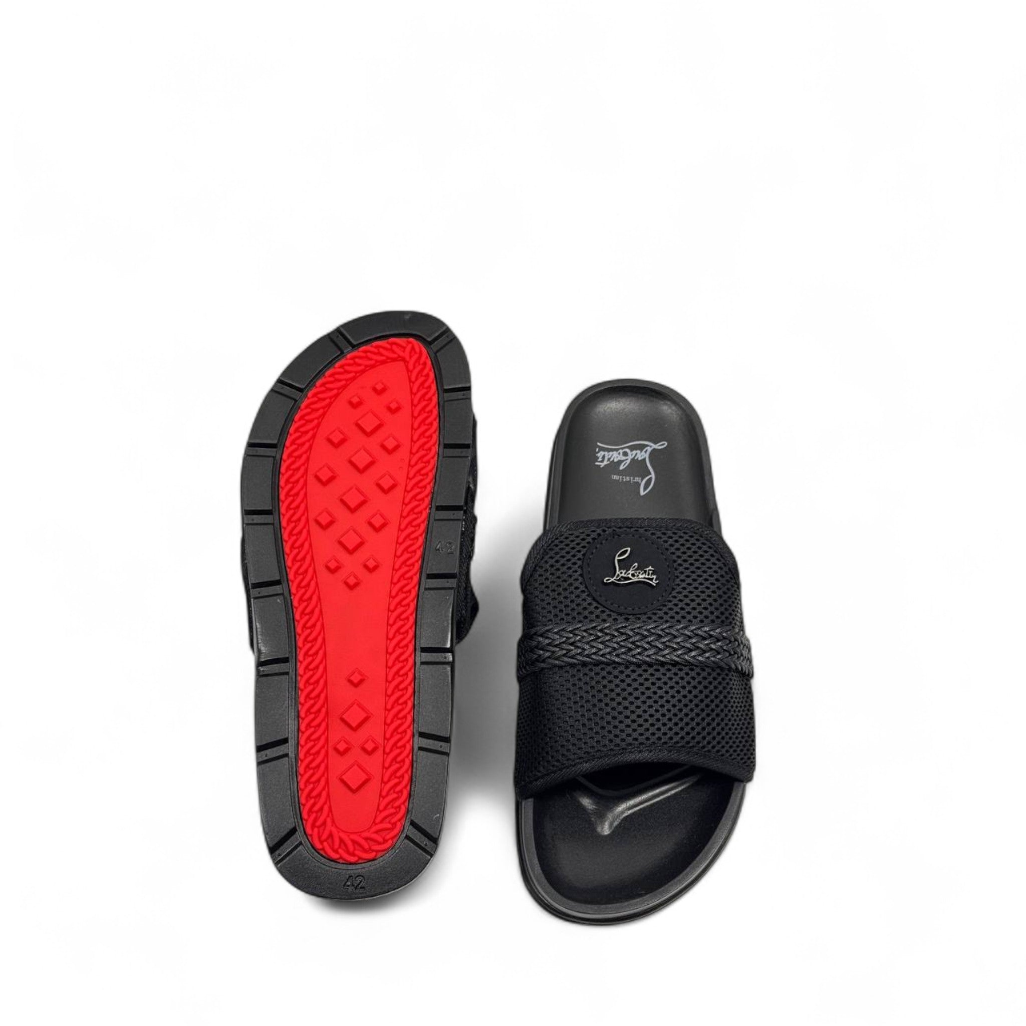 Christian Louboutin Black Mesh Slides 👣 – Luxury Comfort with Signature Style