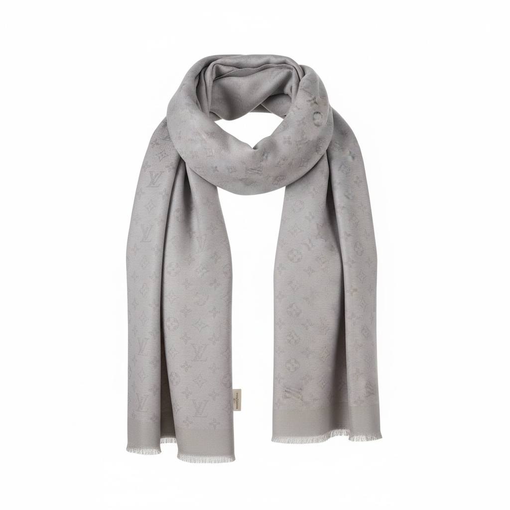 🧣 Louis Vuitton Grey Monogram Scarf – Refined Elegance & Timeless Luxury ✨