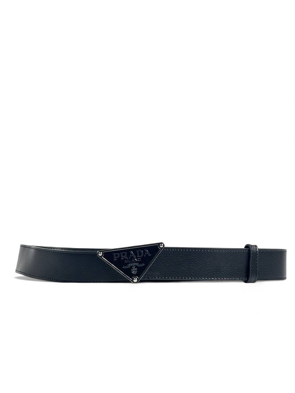 🖤 Prada Style Black Leather Belt – 115 cm | Iconic Triangle Logo ⚡ | Premium Finish ✨
