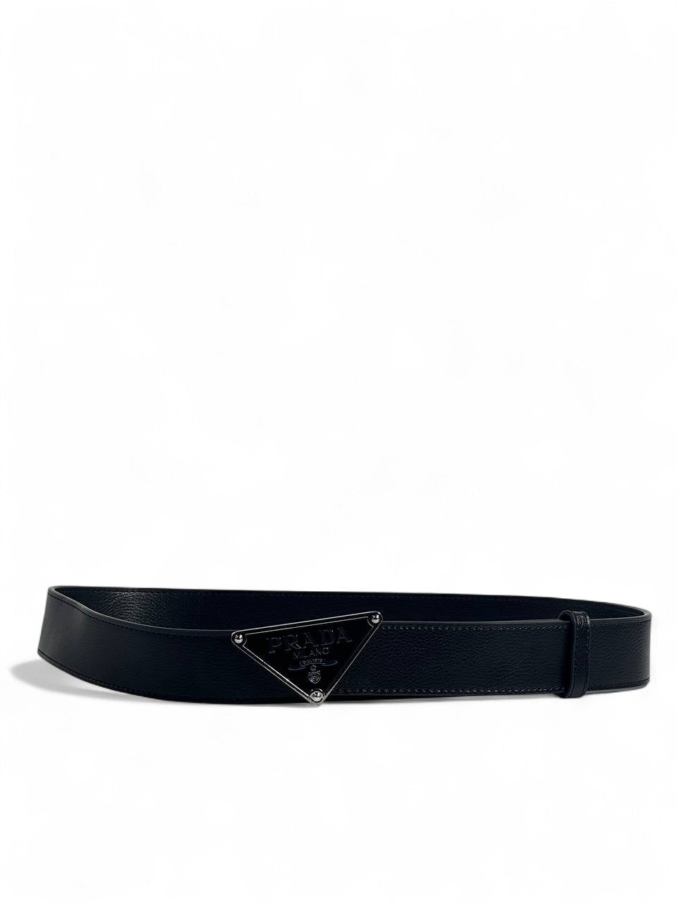 🖤 Prada Style Black Leather Belt – 115 cm | Iconic Triangle Logo ⚡ | Premium Finish ✨