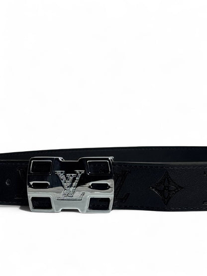 🖤 LV Style Black Belt – 115 cm | Monogram Design ✨ | Premium Finish & Silver Buckle ⚡