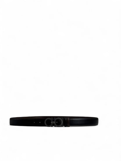 🖤 Ferragamo Style Double-Face Belt – 130 cm | Matte Black “Gancini” Buckle 🌀 | Reversible Premium Finish ✨