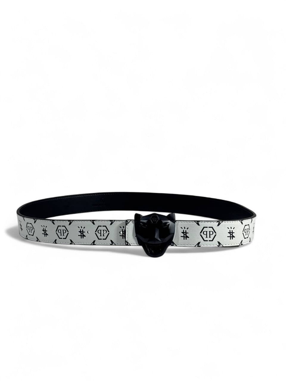 🤍 Philipp Plein Style White Belt – 125 cm | Black Logo Buckle 🖤⚡ | Trendy Designer Print ✨