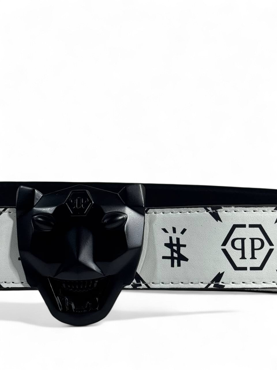 🤍 Philipp Plein Style White Belt – 125 cm | Black Logo Buckle 🖤⚡ | Trendy Designer Print ✨