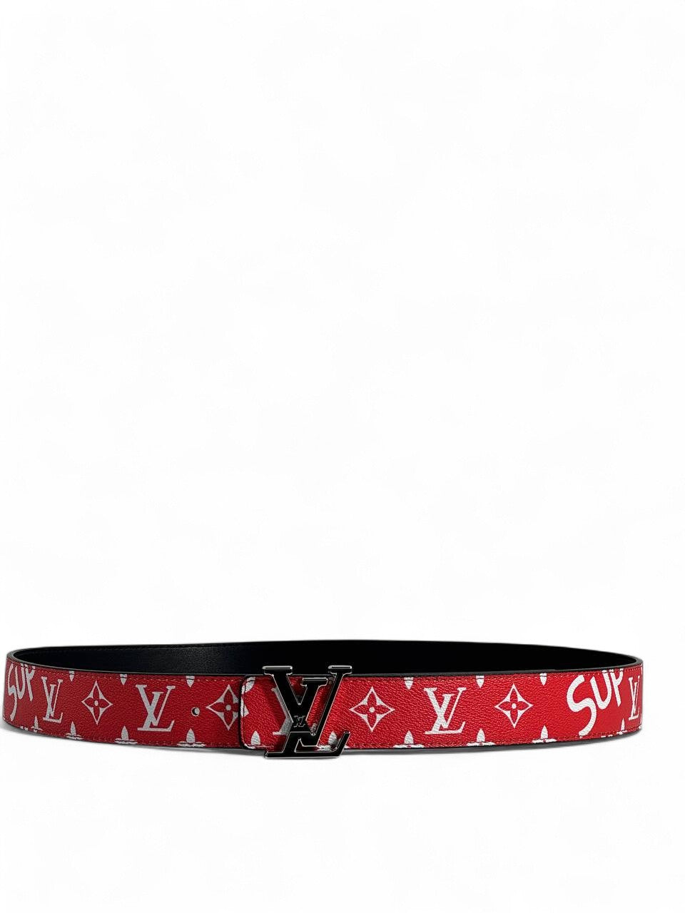 ❤️ LV × Supreme Style Red Belt – 125 cm | Black “LV” Logo Buckle 🖤✨ | Bold Street-Luxury Statement 🔥