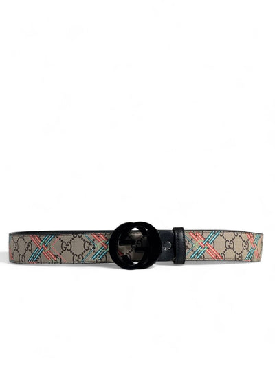 Gucci Style Pattern Belt – 125cm Black Round “GG” Buckle, Trendy Designer Print