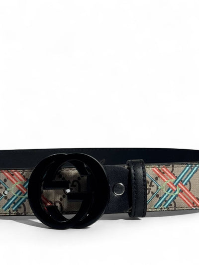 Gucci Style Pattern Belt – 125cm Black Round “GG” Buckle, Trendy Designer Print