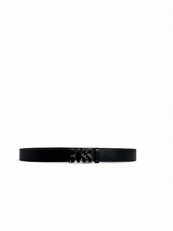 BOSS Style Black Belt – 125cm, Glossy Black “BOSS” Logo Buckle, Sleek Modern Statement
