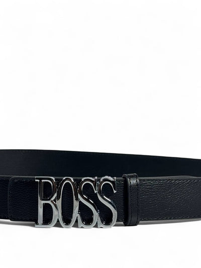 BOSS Style Black Belt – 125cm, Glossy Black “BOSS” Logo Buckle, Sleek Modern Statement