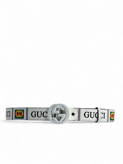 🤍 Gucci Style White Belt – 115 cm | White “GG” Logo Buckle ✨ | Bold Designer Print 💚❤️