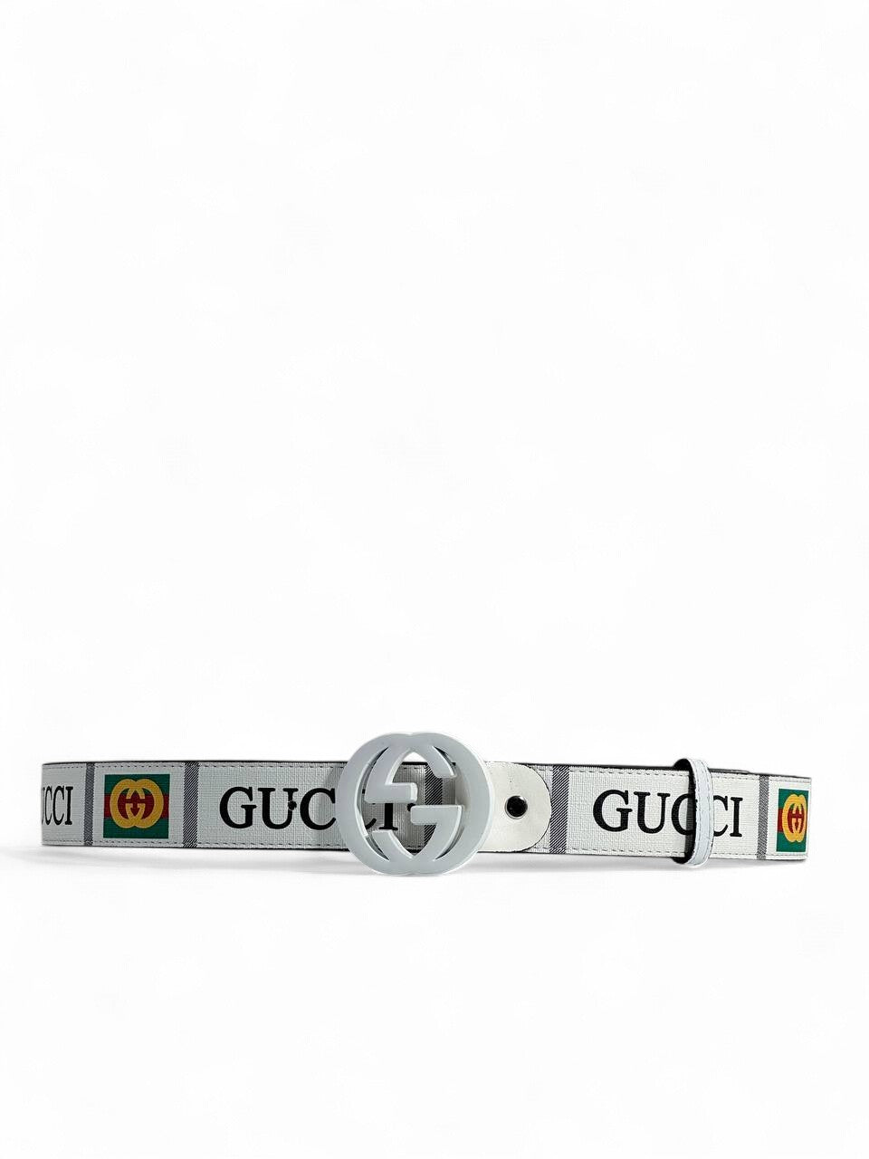 🤍 Gucci Style White Belt – 115 cm | White “GG” Logo Buckle ✨ | Bold Designer Print 💚❤️