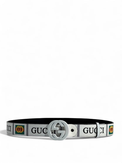 🤍 Gucci Style White Belt – 115 cm | White “GG” Logo Buckle ✨ | Bold Designer Print 💚❤️