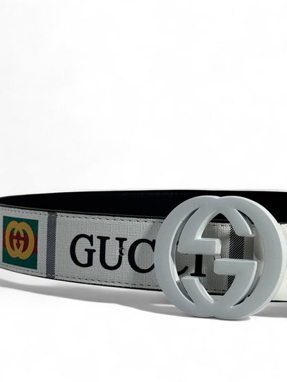 🤍 Gucci Style White Belt – 115 cm | White “GG” Logo Buckle ✨ | Bold Designer Print 💚❤️