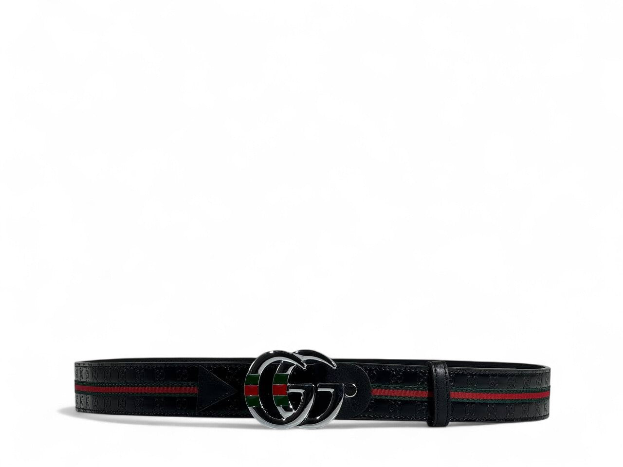 🖤 Gucci Style Black Belt – 125 cm | Silver “GG” Logo Buckle ✨ | Green & Red Signature Stripe 💚❤️