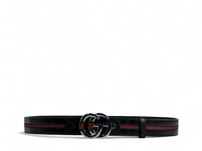 🖤 Gucci Style Black Belt – 125 cm | Silver “GG” Logo Buckle ✨ | Green & Red Signature Stripe 💚❤️