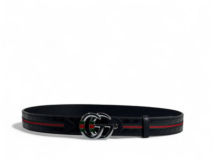 🖤 Gucci Style Black Belt – 125 cm | Silver “GG” Logo Buckle ✨ | Green & Red Signature Stripe 💚❤️