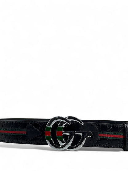 🖤 Gucci Style Black Belt – 125 cm | Silver “GG” Logo Buckle ✨ | Green & Red Signature Stripe 💚❤️