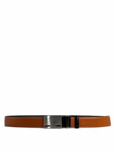 BOSS-Style Brown Leather Belt with Silver Buckle – 125 cm