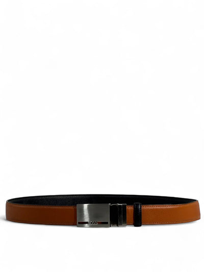 BOSS-Style Brown Leather Belt with Silver Buckle – 125 cm
