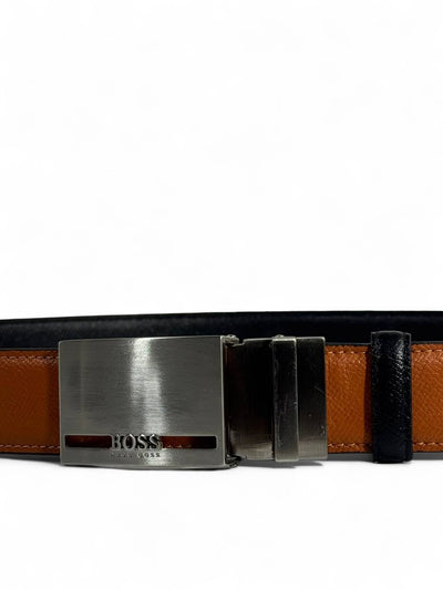 BOSS-Style Brown Leather Belt with Silver Buckle – 125 cm