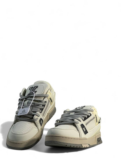 LV Cream & Grey Low-Top Sneakers 👟✨ — Modern Elegance & Street Luxury