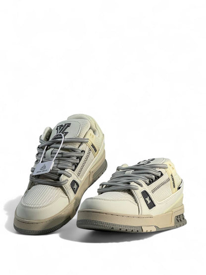 LV Cream & Grey Low-Top Sneakers 👟✨ — Modern Elegance & Street Luxury