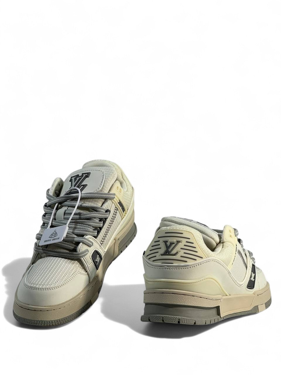 LV Cream & Grey Low-Top Sneakers 👟✨ — Modern Elegance & Street Luxury
