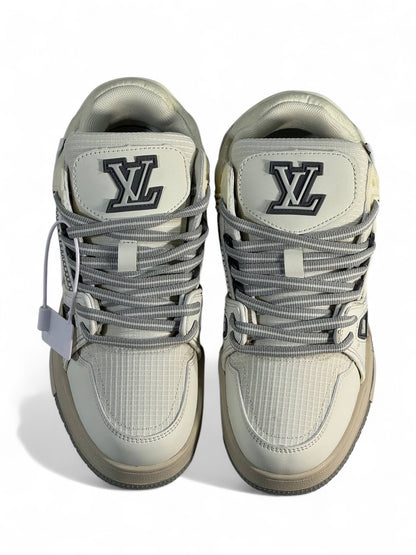 LV Cream & Grey Low-Top Sneakers 👟✨ — Modern Elegance & Street Luxury