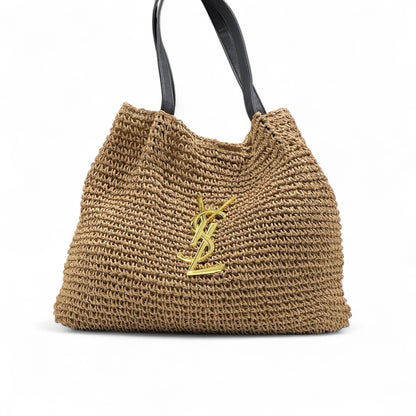 Saint Laurent Raffia Tote with Black Handles 🖤🌾 | YSL Gold Logo Summer Bag ✨