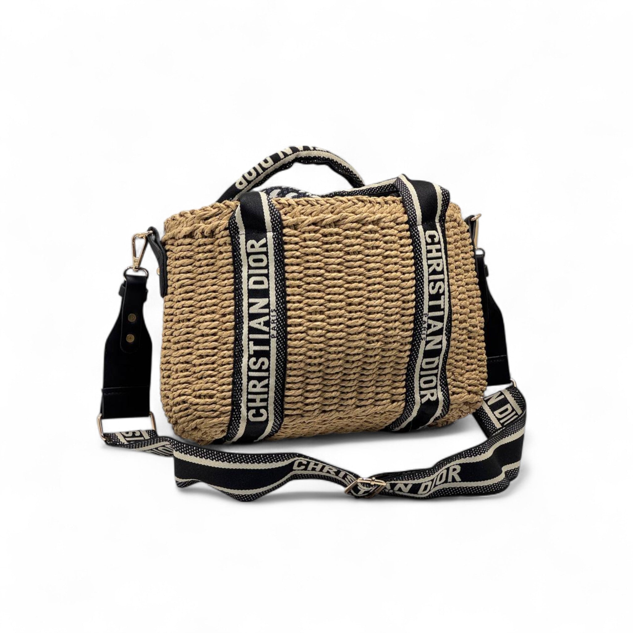 Christian Dior Raffia Crossbody Bag 🌿🖤 | Woven Straw with Bold Logo Strap
