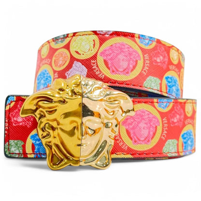 Versace Medusa Coin Print Belt – Red Multicolor with Gold Medusa Buckle