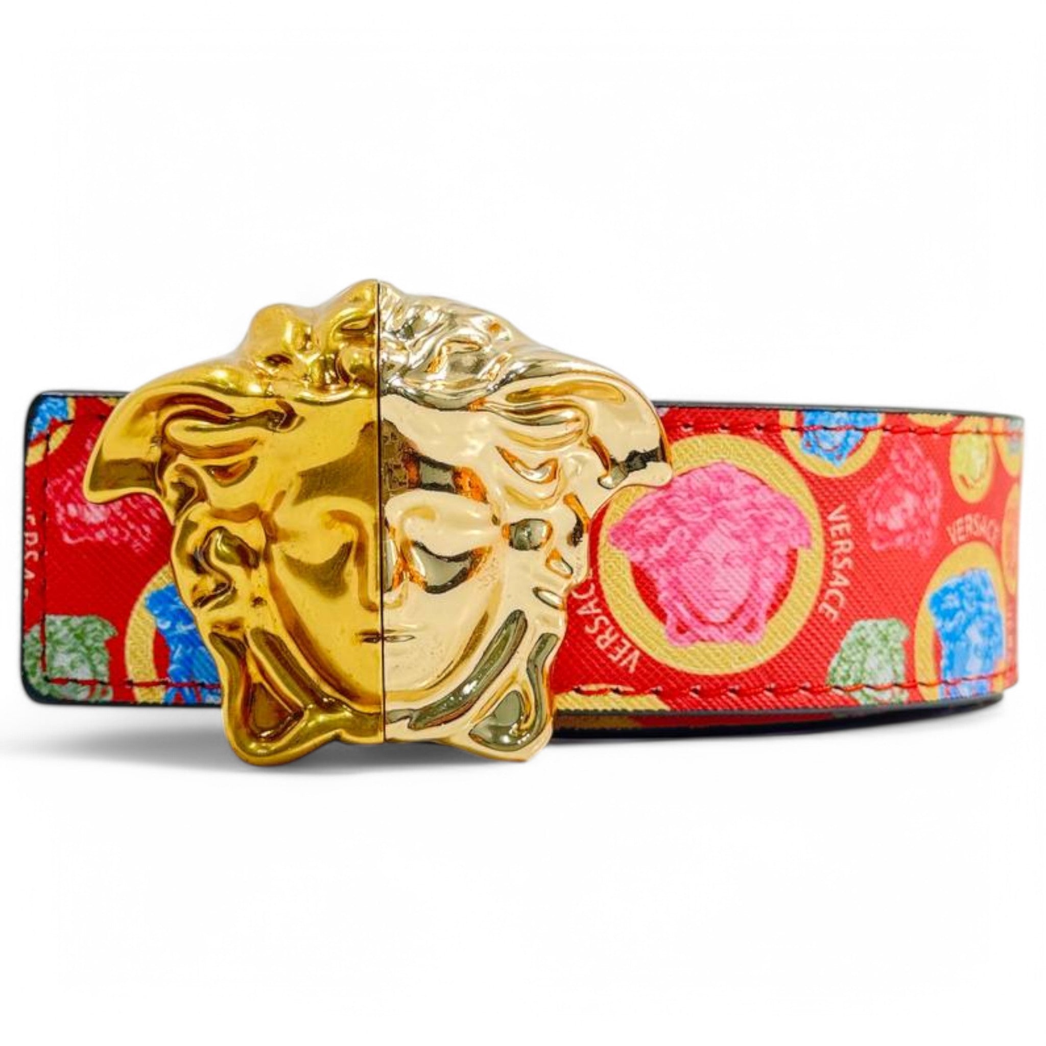 Versace Medusa Coin Print Belt – Red Multicolor with Gold Medusa Buckle