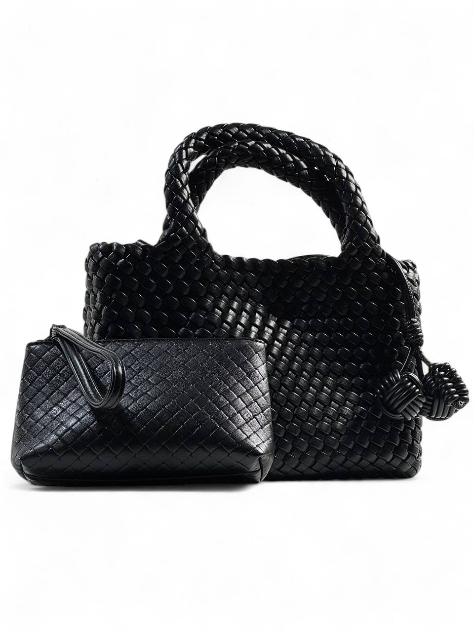 Bottega Veneta Black Woven Tote & Pouch Set 🖤✨ | Luxury Intrecciato Leather Handbag