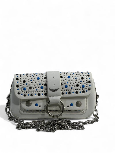 Zadig & Voltaire White Studded Shoulder Bag – Silver Chain & Blue Accents