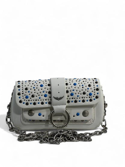 Zadig & Voltaire White Studded Shoulder Bag 🤍✨ | Silver Chain & Blue Accents 💎