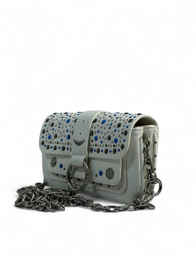 Zadig & Voltaire White Studded Shoulder Bag – Silver Chain & Blue Accents