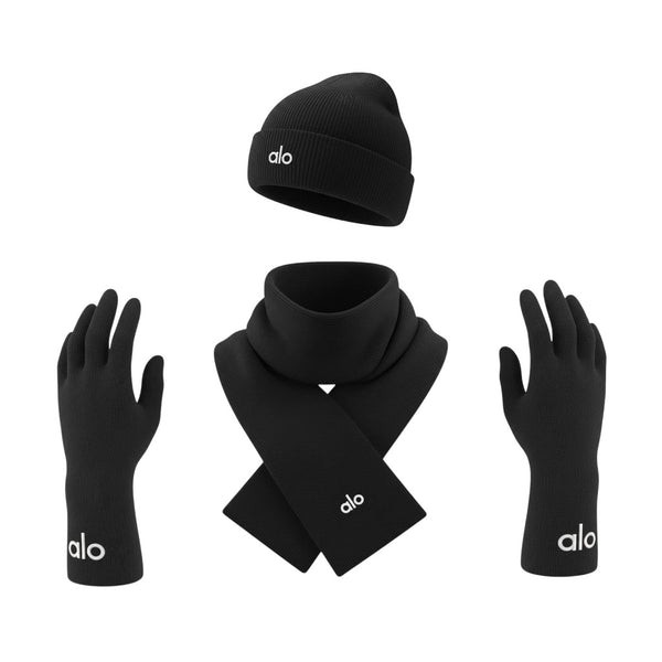 🖤 Alo Black Winter Knit Set – Beanie, Scarf & Gloves Premium Edition ❄️