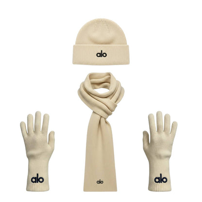 🤍 Alo Cream Winter Knit Set – Beanie, Scarf & Gloves Minimal Luxury ❄️