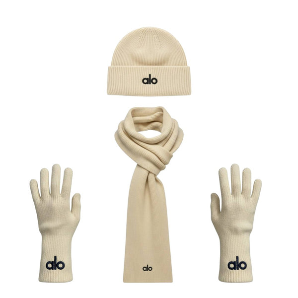 🤍 Alo Cream Winter Knit Set – Beanie, Scarf & Gloves Minimal Luxury ❄️