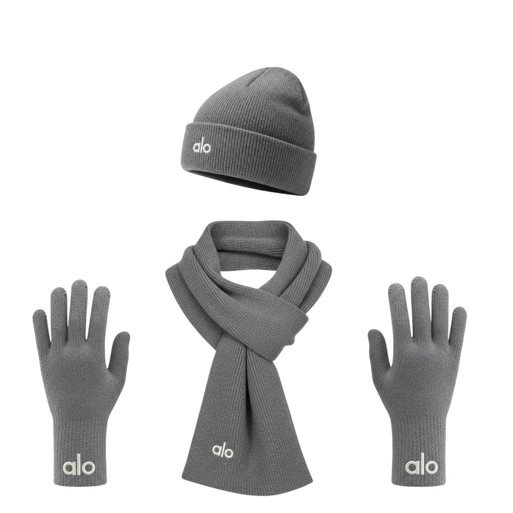 🩶 Alo Grey Winter Knit Set – Beanie, Scarf & Gloves Minimal Comfort ❄️