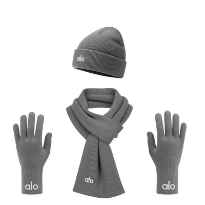🩶 Alo Grey Winter Knit Set – Beanie, Scarf & Gloves Minimal Comfort ❄️