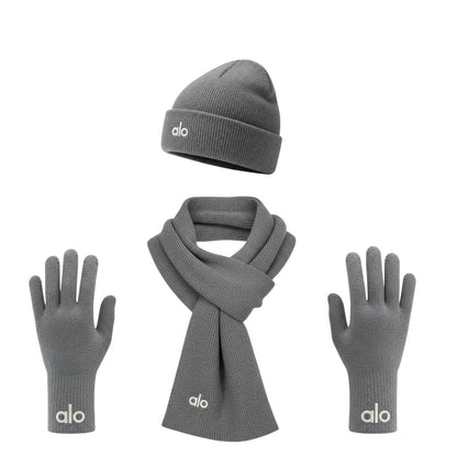 🩶 Alo Grey Winter Knit Set – Beanie, Scarf & Gloves Minimal Comfort ❄️