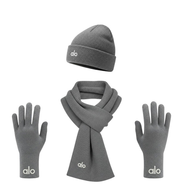 🩶 Alo Grey Winter Knit Set – Beanie, Scarf & Gloves Minimal Comfort ❄️
