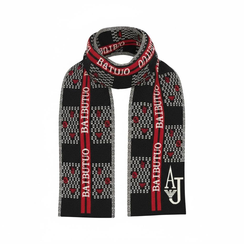 🖤 Armani Jacquard Logo Scarf – Black & Red Luxury Statement ❄️