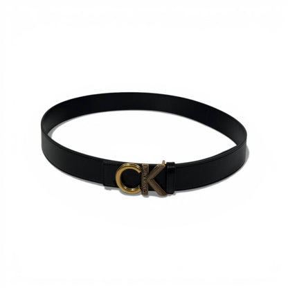 🖤 Calvin Klein Black Leather Belt with Gold CK Buckle – 125 cm | Classic Signature Style ✨👑
