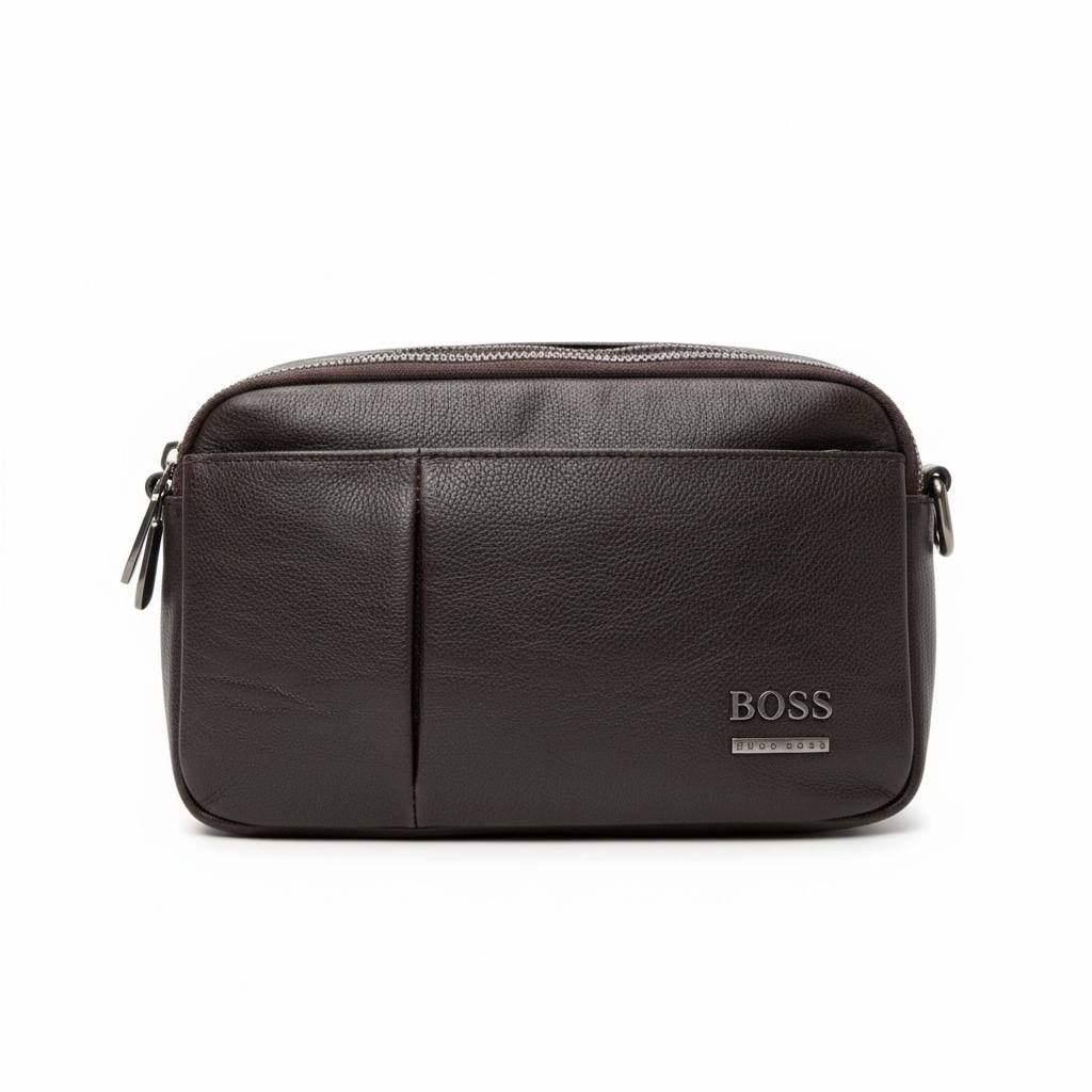 👜 Hugo Boss Men’s Leather Toiletry & Crossbody Pouch – Dark Brown Elegance